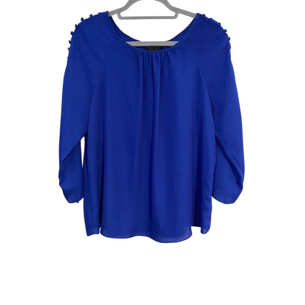 Investments Blouse Women’s Blue 3/4 Sleeve Button Tie Detail Office Preppy Boho